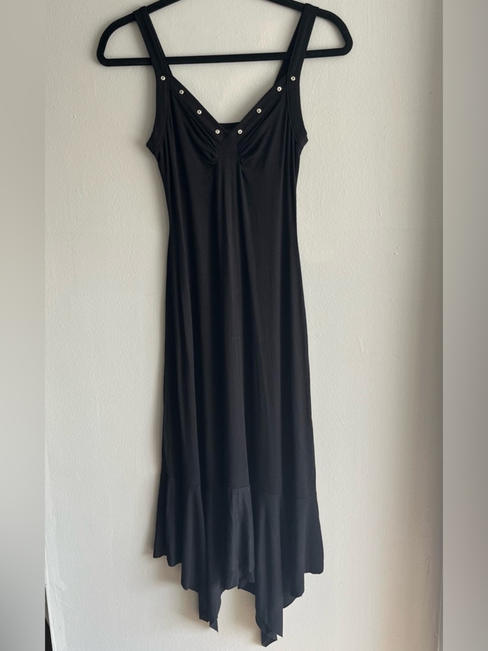 Vertigo Paris Elegant Black Maxi Dress with Silver Details Asymmetrical Hem